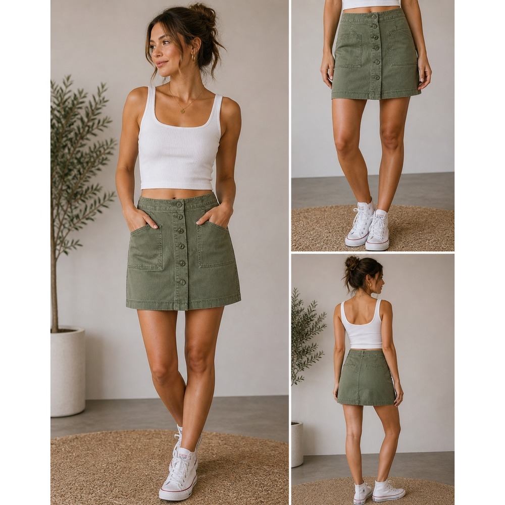 Gap Skirt Button Front Olive Green Cotton Tencel Utility Mini 6